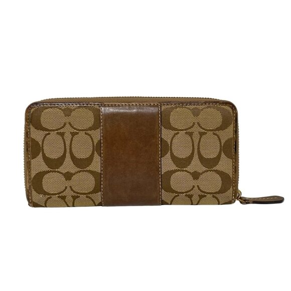 Auth COACH Signature - Khaki Dark Brown Jacquard Leather Long Wallet - Picture 5 of 10